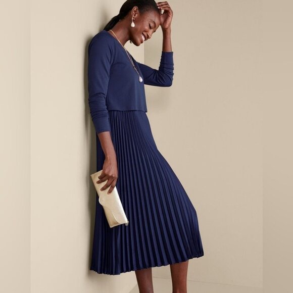 Soft surroundings Cassandra Dress Elegant Navy Pleated Midi Dress Large Casual - Picture 2 of 13